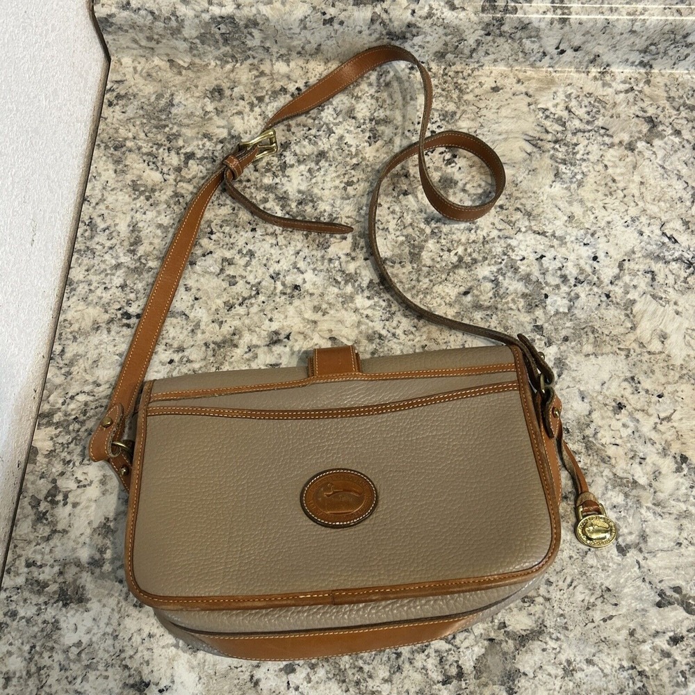 Vintage Dooney & Bourke Beige & Brown Leather Equestrian Riding Crossbody Bag